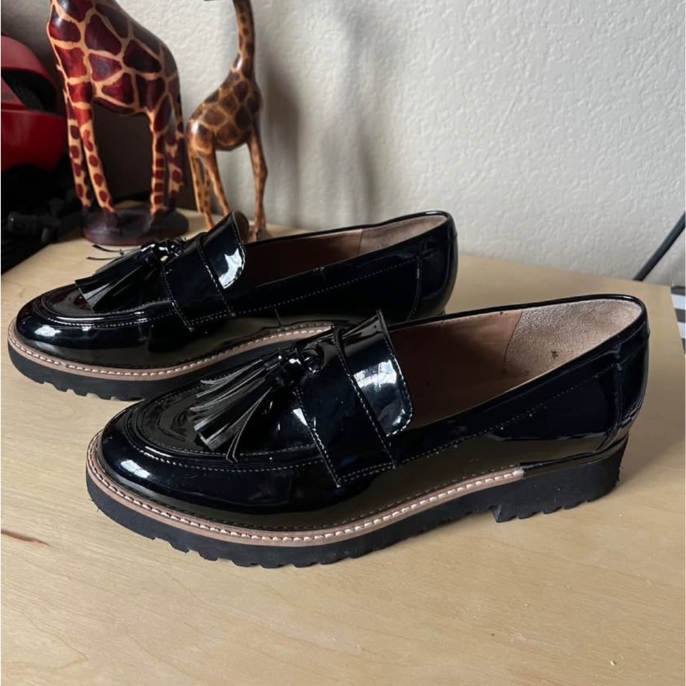 Franco Sarto Black Patent Leather Tassel Loafers